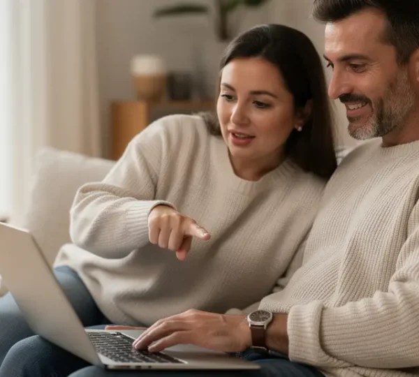 Couple français consultant une simulation de crédit immobilier sur ordinateur portable