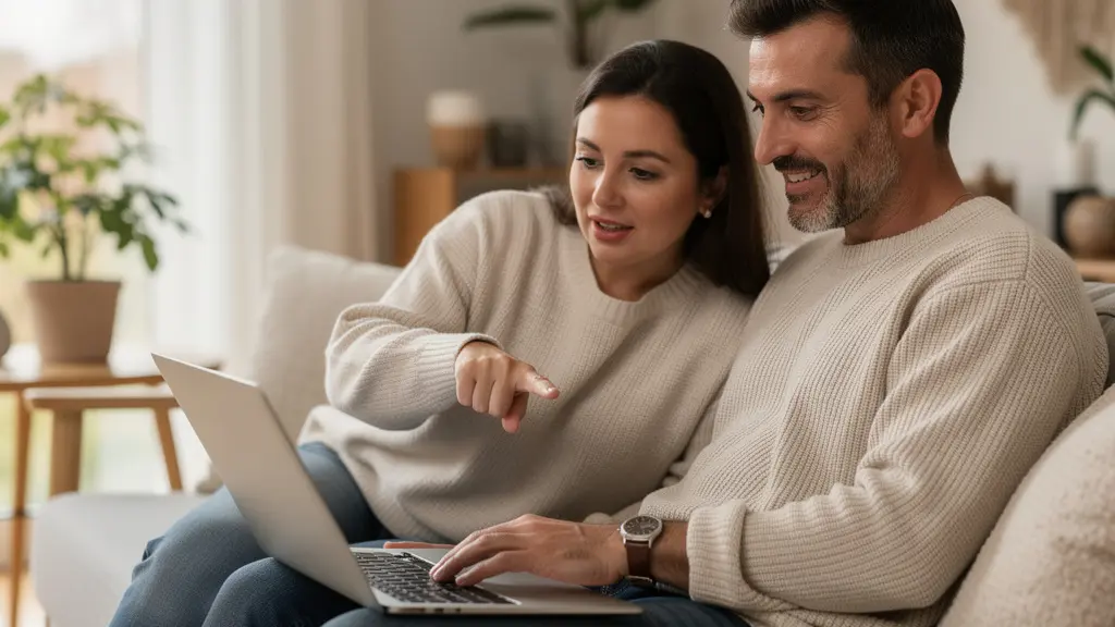 Couple français consultant une simulation de crédit immobilier sur ordinateur portable
