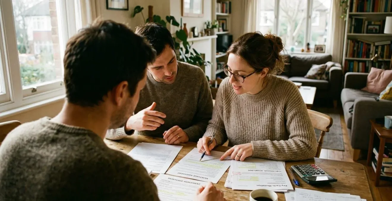 Un couple trentenaire assis dans leur salon, ordinateur portable ouvert devant eux, documents de prêt immobilier éparpillés sur la table basse
