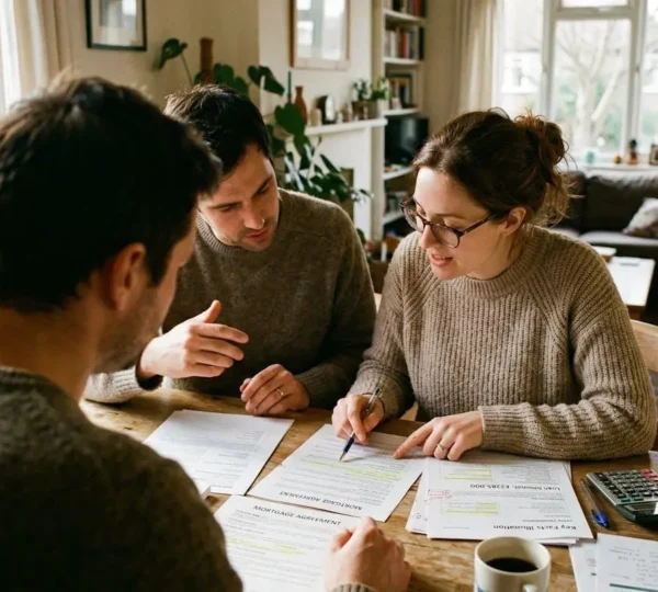 Un couple trentenaire assis dans leur salon, ordinateur portable ouvert devant eux, documents de prêt immobilier éparpillés sur la table basse