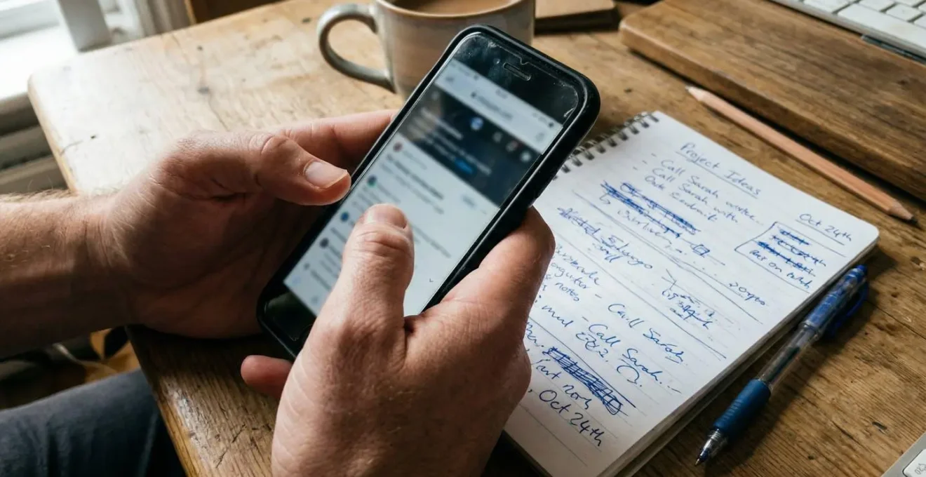 Des mains tenant un smartphone avec une application floue, un stylo et des notes manuscrites posés à côté sur un bureau