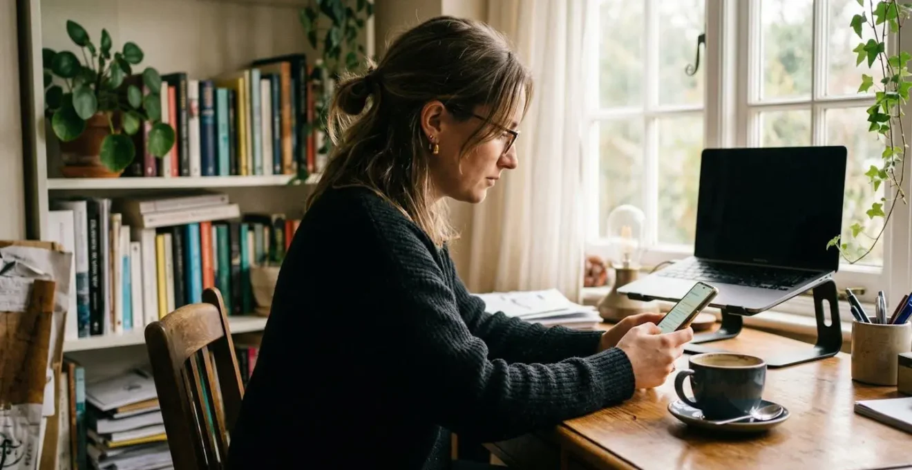 Une personne de profil consultant son téléphone dans un espace de travail lumineux, une tasse de café posée sur le bureau